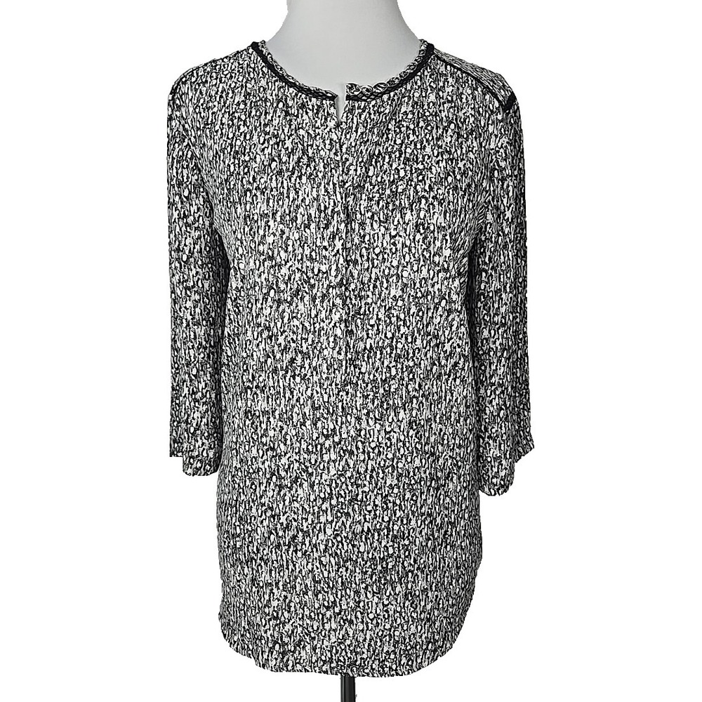 Talbots Black‎ White Print Chiffon 3/4 Sleeve Top Large L